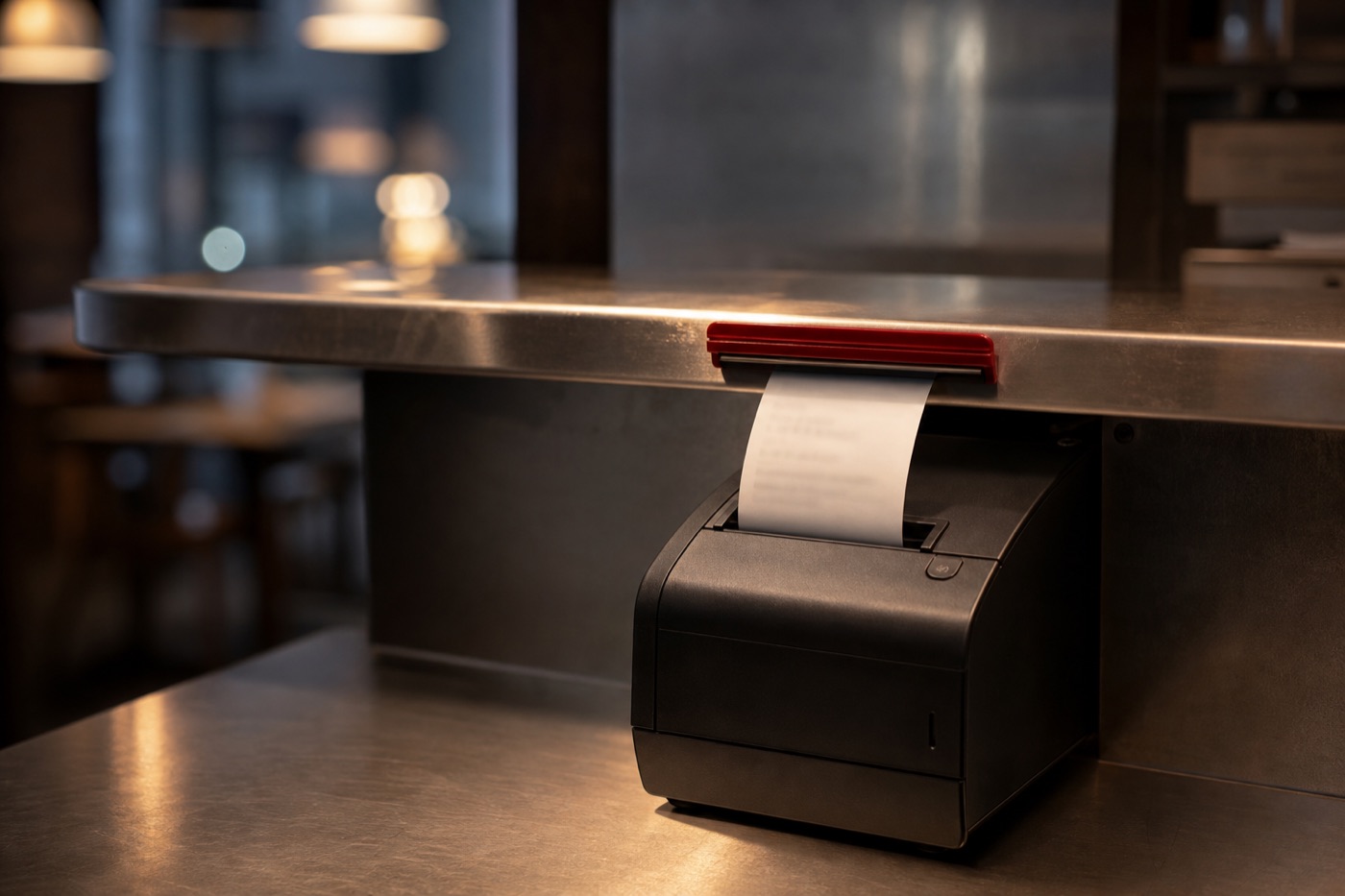 Bondrucker an einem Küchenpass in einem Restaurant druckt einen Bestellbon