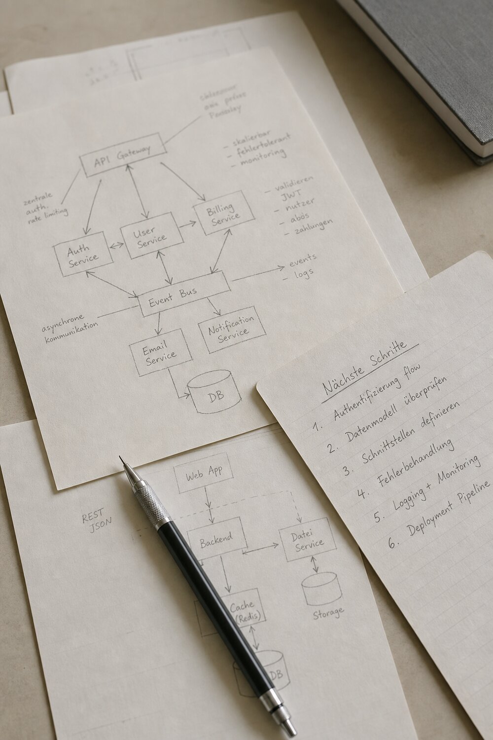 Handgezeichnete Architekturskizzen auf Papier, daneben ein Bleistift